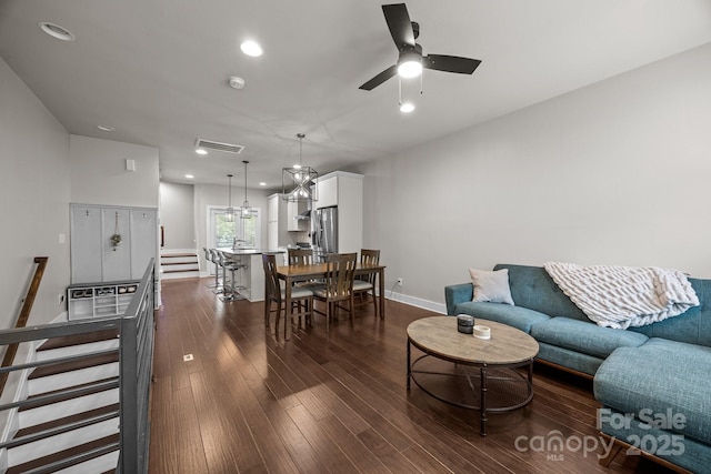 336 Uptown W Dr, Charlotte, NC 28208 - living room with a ceiling fan, dark wood finished floors, stairway, recessed lighting, and baseboards