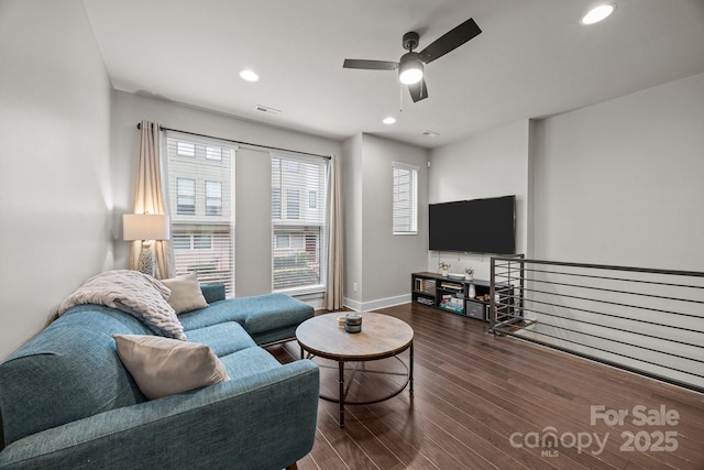 336 Uptown W Dr, Charlotte, NC 28208 - living area with wood finished floors, a ceiling fan, baseboards, and recessed lighting