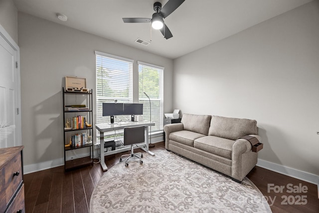 336 Uptown W Dr, Charlotte, NC 28208 - office with a ceiling fan, baseboards, and dark wood finished floors