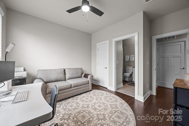 336 Uptown W Dr, Charlotte, NC 28208 - home office featuring a ceiling fan, dark wood finished floors, and baseboards