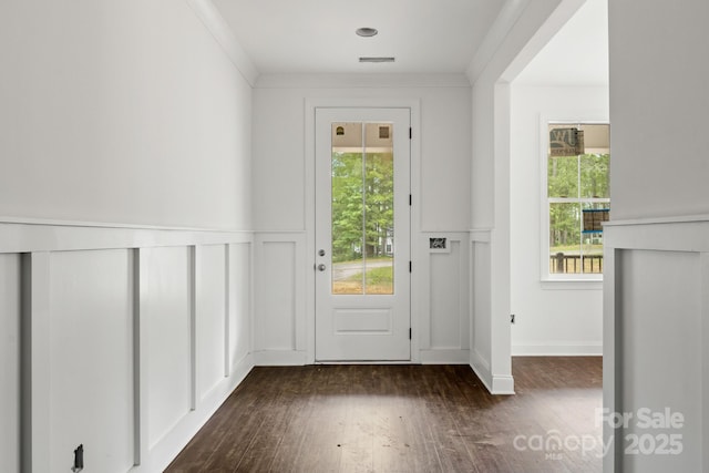 4315 Palm Dr, Denver, NC 28037 - entryway with dark wood-style floors, a wainscoted wall, and a decorative wall