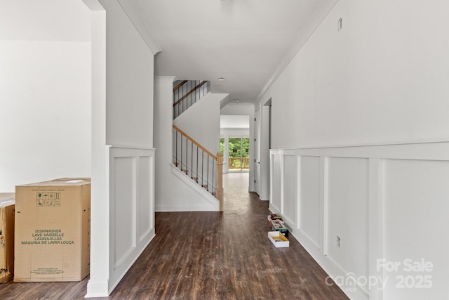 4315 Palm Dr, Denver, NC 28037 - hall featuring wood finished floors, stairway, and crown molding