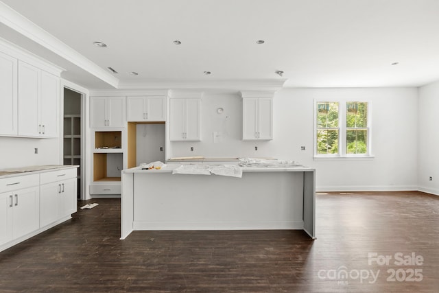 4315 Palm Dr, Denver, NC 28037 - kitchen featuring a center island, dark wood-style flooring, white cabinets, and a breakfast bar area