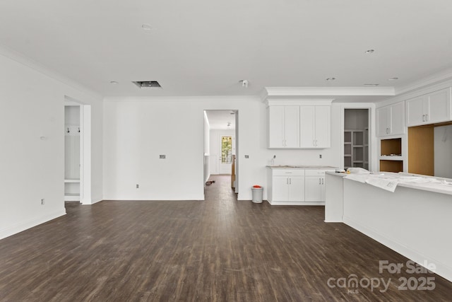 4315 Palm Dr, Denver, NC 28037 - unfurnished living room featuring crown molding, dark wood-type flooring, and baseboards