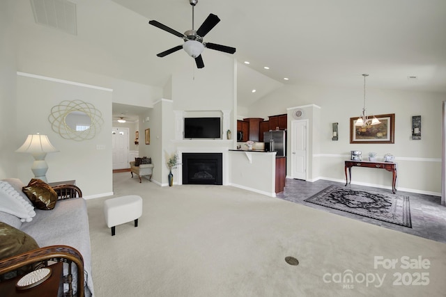 6192 Kilchurn Dr, Fort Mill, SC 29707 - living area featuring a ceiling fan, carpet floors, recessed lighting, a glass covered fireplace, and high vaulted ceiling