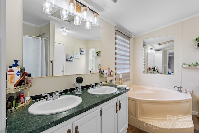4375 Fox Rd, Lenoir, NC 28645 - full bathroom with double vanity, ornamental molding, a garden tub, wood finished floors, and a shower with curtain
