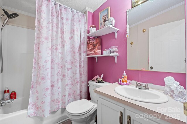 4375 Fox Rd, Lenoir, NC 28645 - bathroom featuring vanity, toilet, ornamental molding, shower / bath combination with curtain, and a textured ceiling
