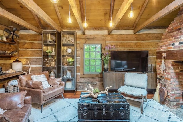 30 Wagon Mountain Dr, Weaverville, NC 28787 - living area with wood walls, wood finished floors, and a wood ceiling with exposed beams