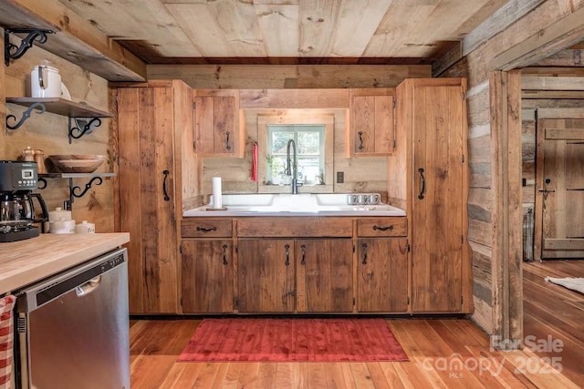 30 Wagon Mountain Dr, Weaverville, NC 28787 - kitchen with dishwasher, open shelves, light wood-style floors, brown cabinets, and wood ceiling