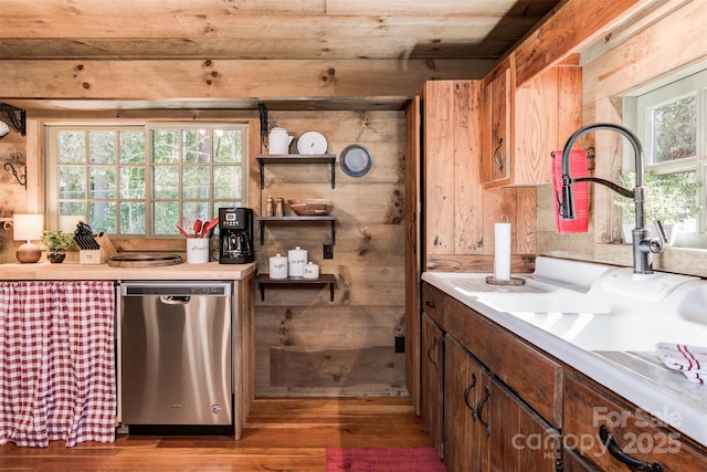 30 Wagon Mountain Dr, Weaverville, NC 28787 - kitchen featuring stainless steel dishwasher, wood finished floors, light countertops, and wood walls