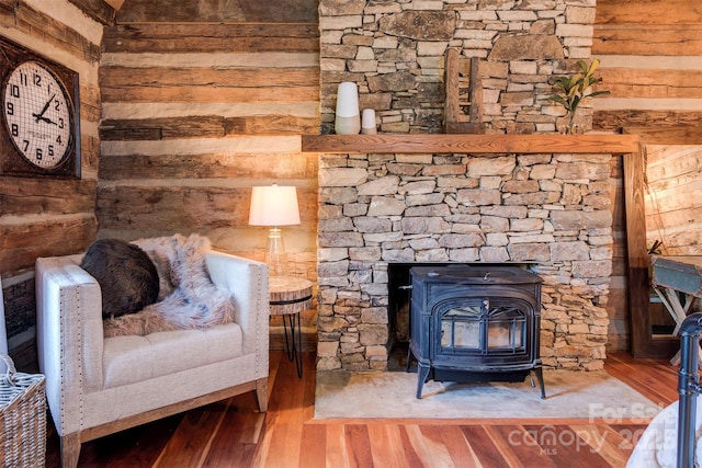30 Wagon Mountain Dr, Weaverville, NC 28787 - living area featuring a wood stove, wood finished floors, and wooden walls