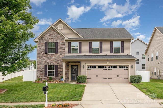 12822 Plumleaf Dr, Charlotte, NC 28213 - view of front of property featuring stone siding, driveway, a garage, and a shingled roof