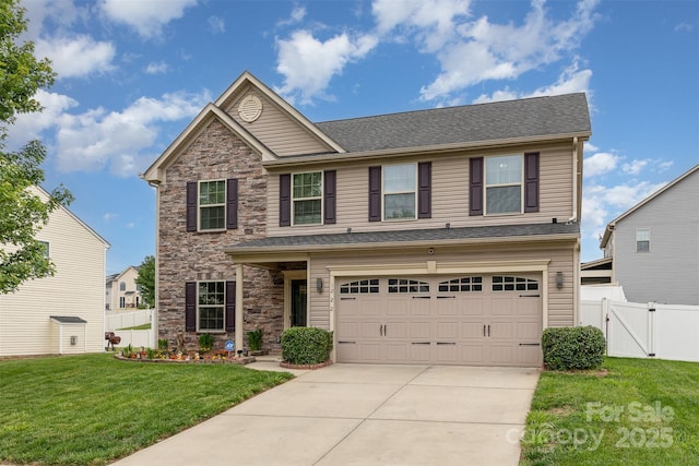 12822 Plumleaf Dr, Charlotte, NC 28213 - view of front of house featuring a garage, stone siding, a gate, concrete driveway, and a shingled roof