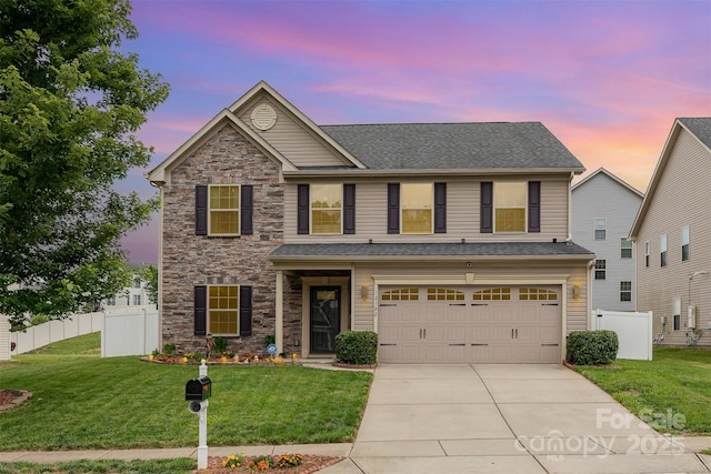 12822 Plumleaf Dr, Charlotte, NC 28213 - traditional-style home featuring a garage, stone siding, concrete driveway, and a shingled roof
