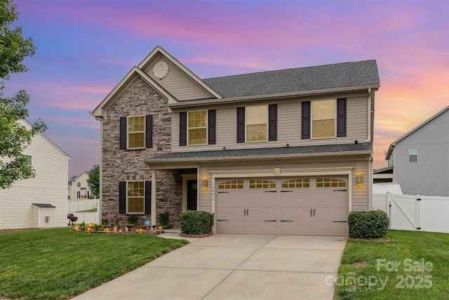 12822 Plumleaf Dr, Charlotte, NC 28213 - traditional-style home with a garage, concrete driveway, stone siding, a gate, and roof with shingles