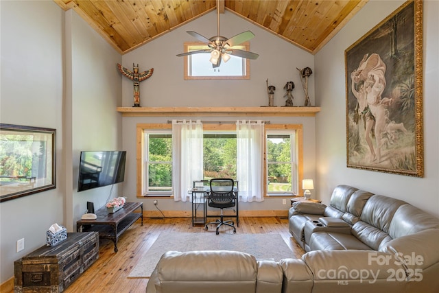 223 Smith Cove Rd, Candler, NC 28715 - living area featuring wood-type flooring, wood ceiling, high vaulted ceiling, a ceiling fan, and baseboards
