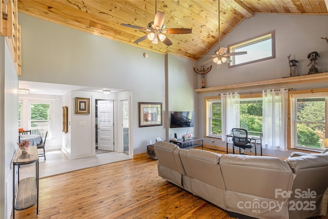 223 Smith Cove Rd, Candler, NC 28715 - living area with wood ceiling, high vaulted ceiling, ceiling fan, hardwood / wood-style floors, and baseboards