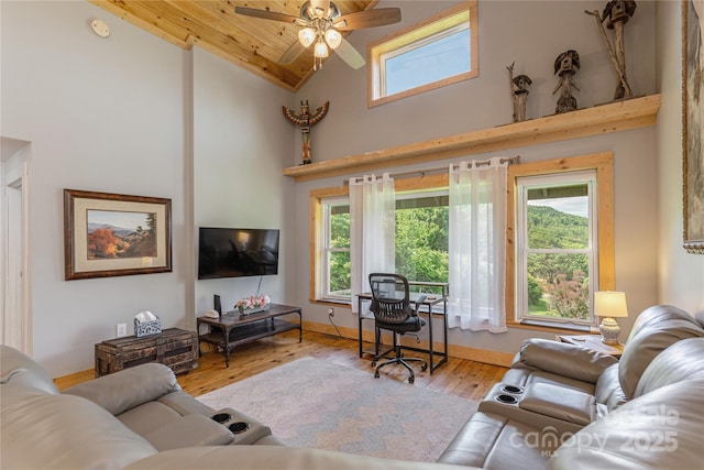 223 Smith Cove Rd, Candler, NC 28715 - living area with plenty of natural light, a ceiling fan, hardwood / wood-style floors, high vaulted ceiling, and baseboards