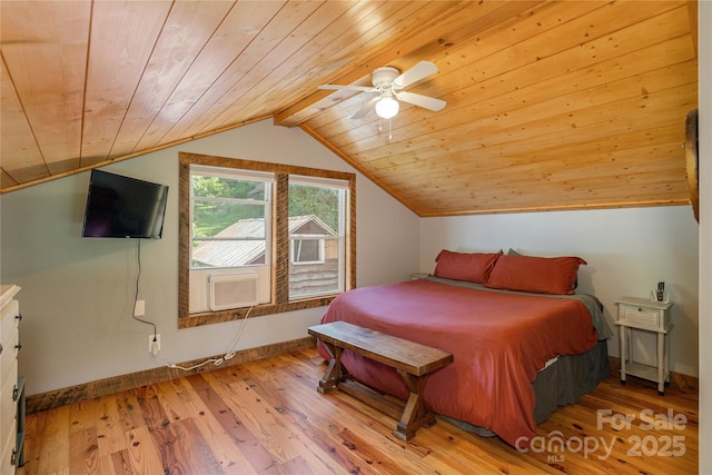 223 Smith Cove Rd, Candler, NC 28715 - bedroom with wood ceiling, lofted ceiling, wood finished floors, cooling unit, and baseboards