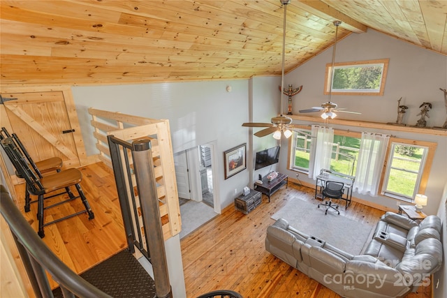 223 Smith Cove Rd, Candler, NC 28715 - living area with wooden ceiling, lofted ceiling, light wood finished floors, and a ceiling fan