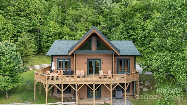 148 Pearl Way, Burnsville, NC 28714 - rear view of house with french doors, a deck, a shingled roof, and central AC unit