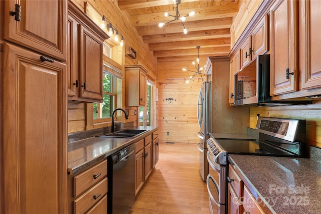 148 Pearl Way, Burnsville, NC 28714 - kitchen featuring appliances with stainless steel finishes, a sink, a chandelier, brown cabinets, and light wood-style floors