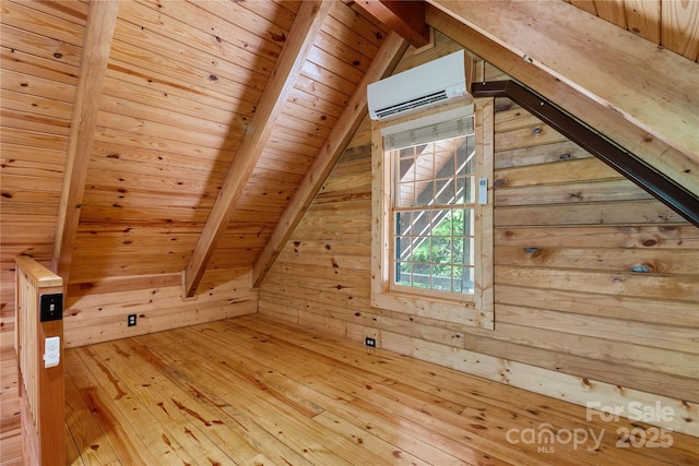 148 Pearl Way, Burnsville, NC 28714 - additional living space with a wall unit AC, wood ceiling, wood walls, and wood-type flooring