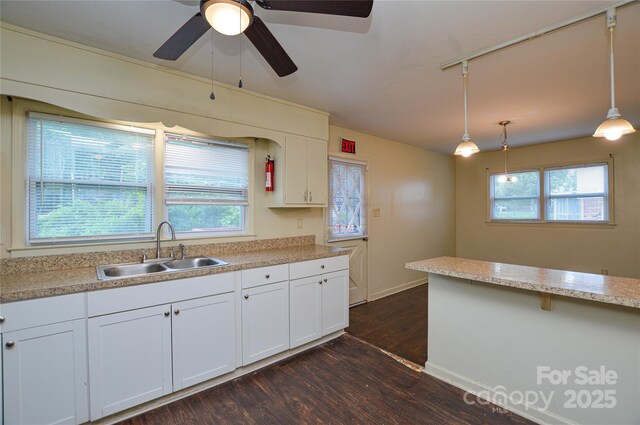 923 Yuma St, Charlotte, NC 28213 - kitchen featuring a sink, dark wood-style flooring, hanging light fixtures, white cabinetry, and light countertops
