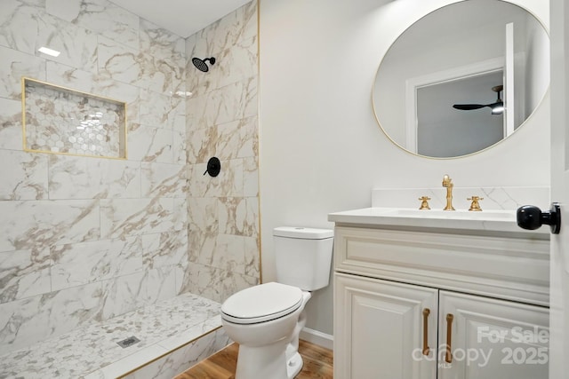 251 Hall Ave NW, Concord, NC 28027 - bathroom featuring vanity, toilet, tiled shower, and wood finished floors