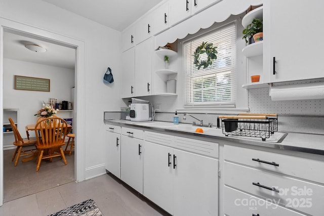 1211 11th St NW, Hickory, NC 28601 - kitchen featuring open shelves, decorative backsplash, and white cabinets