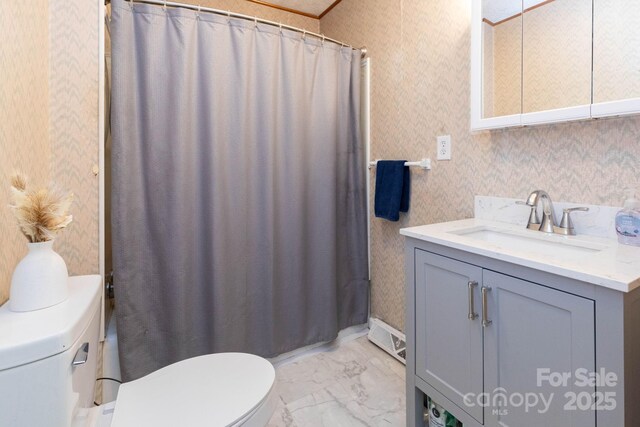 15 Gaddy Rd, Weaverville, NC 28787 - full bathroom with wallpapered walls, vanity, marble finish flooring, and curtained shower