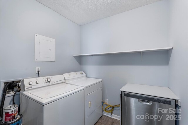 1075 Parkview Dr, Gastonia, NC 28054 - laundry area with washing machine and clothes dryer, electric panel, and a textured ceiling