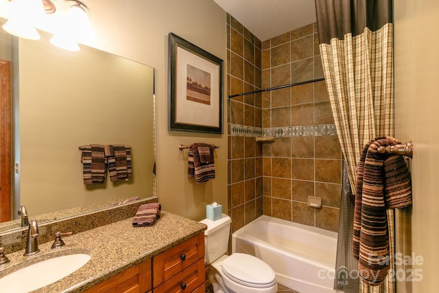 bathroom with toilet, vanity, and shower / bath combination with curtain