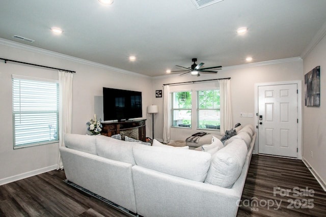 11951 Old Statesville Rd, Huntersville, NC 28078 - living area featuring dark wood-style flooring, ceiling fan, ornamental molding, baseboards, and recessed lighting