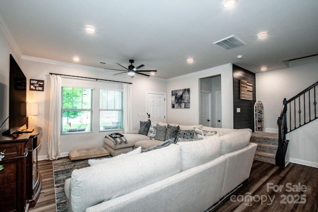 11951 Old Statesville Rd, Huntersville, NC 28078 - living room with stairway, dark wood-type flooring, ceiling fan, baseboards, and ornamental molding