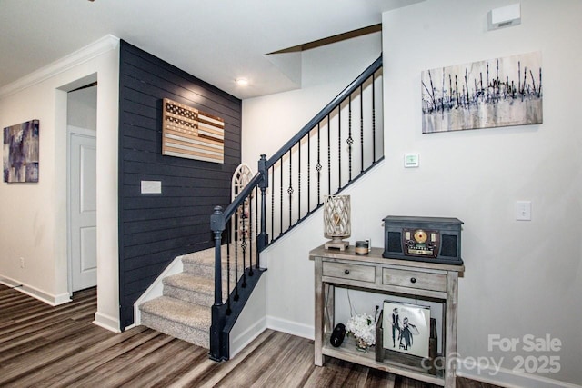 11951 Old Statesville Rd, Huntersville, NC 28078 - staircase with wood finished floors, baseboards, crown molding, and recessed lighting