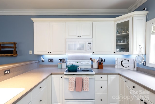 556 Knighton Hill Rd, Rock Hill, SC 29732 - kitchen with white appliances, ornamental molding, white cabinets, and glass insert cabinets