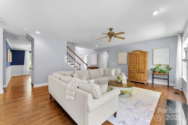 6300 Latta Springs Cir, Huntersville, NC 28078 - living room featuring ceiling fan, wood finished floors, stairway, recessed lighting, and baseboards