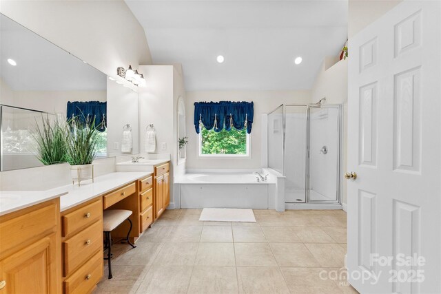 6300 Latta Springs Cir, Huntersville, NC 28078 - full bathroom with double vanity, a shower stall, a bath, tile patterned flooring, and recessed lighting