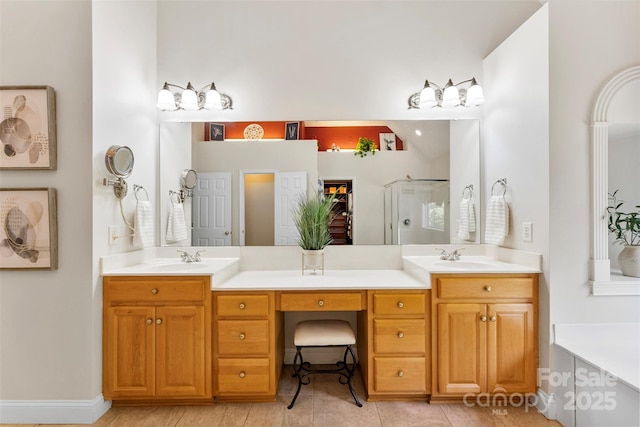 6300 Latta Springs Cir, Huntersville, NC 28078 - bathroom with double vanity, a shower stall, and tile patterned flooring