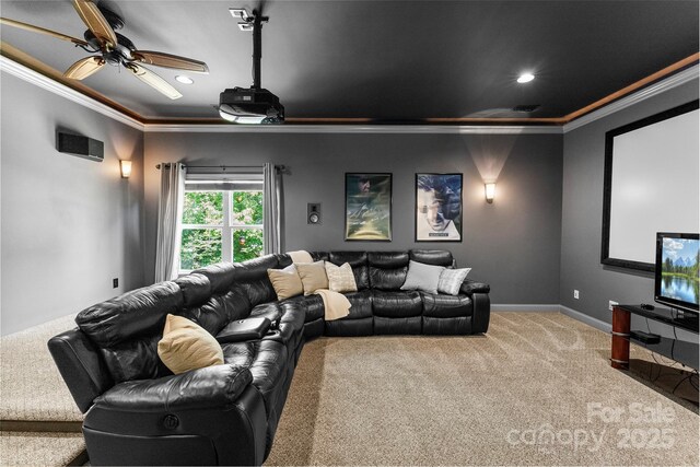 6300 Latta Springs Cir, Huntersville, NC 28078 - carpeted cinema room with ornamental molding, recessed lighting, ceiling fan, and baseboards