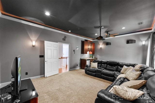 6300 Latta Springs Cir, Huntersville, NC 28078 - cinema with ornamental molding, light colored carpet, baseboards, ceiling fan, and recessed lighting