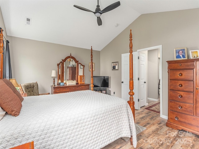 379 Running Briar Rd, Fletcher, NC 28732 - bedroom with light wood finished floors, ceiling fan, baseboards, and high vaulted ceiling