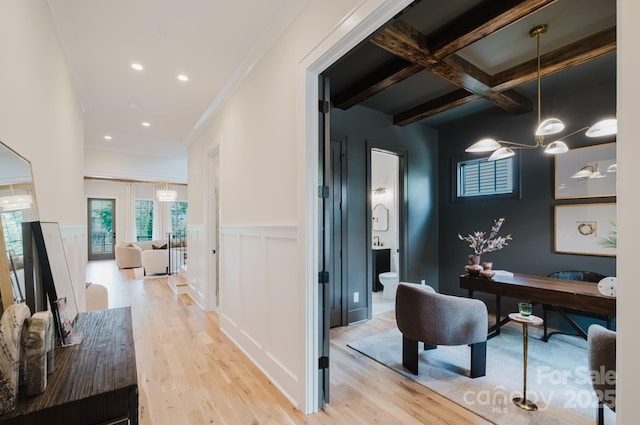 1625 Club Rd, Charlotte, NC 28205 - hall featuring light wood-type flooring, beam ceiling, recessed lighting, wainscoting, and coffered ceiling