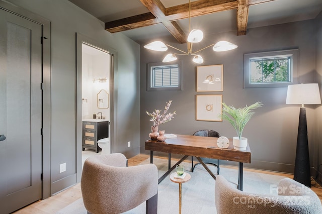 1625 Club Rd, Charlotte, NC 28205 - office with coffered ceiling, beamed ceiling, and light wood finished floors