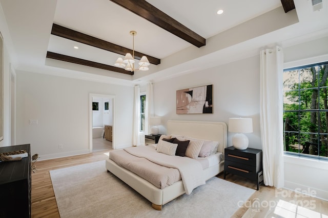 1625 Club Rd, Charlotte, NC 28205 - bedroom with a chandelier, beam ceiling, light wood-type flooring, recessed lighting, and ensuite bathroom