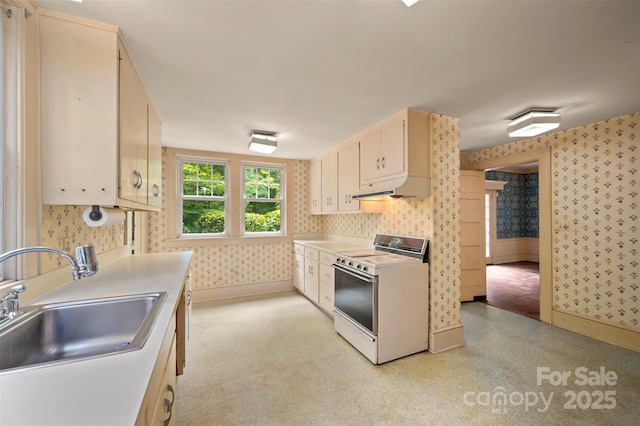 93 Villa Barbara Ln, Tryon, NC 28782 - kitchen with electric range, wallpapered walls, a sink, range hood, and light countertops