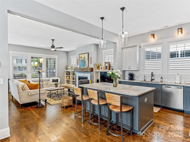 294 W Main St, Brevard, NC 28712 - kitchen featuring stainless steel dishwasher, open floor plan, a center island, and dark wood finished floors