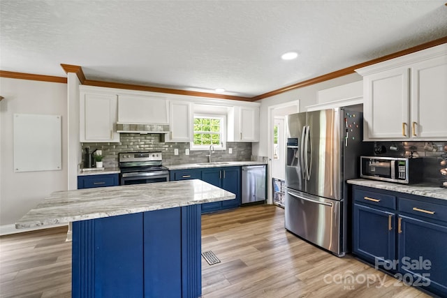 2021 Beamguard Rd, Clover, SC 29710 - kitchen featuring appliances with stainless steel finishes, blue cabinetry, a sink, crown molding, and white cabinetry