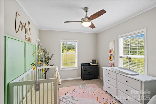 2021 Beamguard Rd, Clover, SC 29710 - bedroom featuring light carpet, baseboards, ornamental molding, and ceiling fan